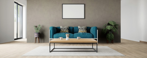 canapé bleu avec cadre blanc vue 3d 01