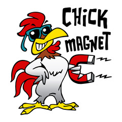 Rooster with sunglasses holding a big magnet, text chick magnet, color cartoon
