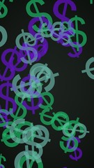 Multicolored translucent dollar signs on dark background. Green tones. 3D illustration