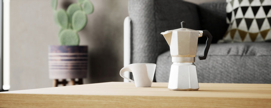 pause caf&eacute; sur table basse avec cafeti&egrave;re italienne vue 3d