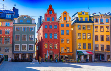 Stortorget (the Grand Square) is a public square in Gamla Stan, the old town in central Stockholm, Sweden. View with old houses. - obrazy, fototapety, plakaty