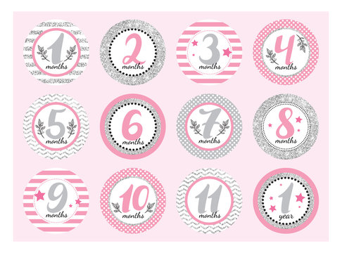 Monthly Baby Stickers For Newborn Girls.  Month By Month Growth Stickers For Clothing With Silver Sparkles. Set For A Photo Shoot Or A Baby Shower Party.