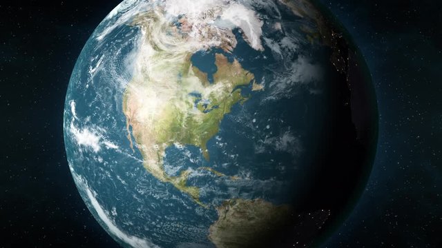 Planet Earth, seen from space, zooming in and centering on Washington, D.C., capital of the USA. 3D computer generated animation.