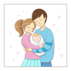 Illustration of parents with baby. Parents embracing newborn and expressing love and care. In pink and blue color.