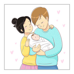 Illustration of parents with baby. Parents embracing newborn and expressing love and care. In yellow and mint color.