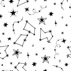 Vector seamless pattern of night starry sky. For design of surfaces, prints, wrapping paper, postcards, posters, printing. Theme space, Cosmonautics Day, astronomy, sky, stars