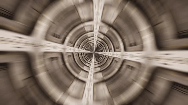 Accelerating rotating forward moving in large steel tunnel. Fictional space tunnel, time and another dimension travel concept. Optical illusion of mind control. 3D render