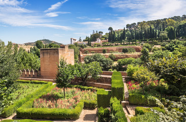 Part of the Alhambra and gardens at Granada in Spain.