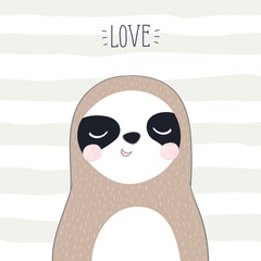 Postcard cute sloth on a striped background with the words "love".