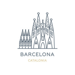 Barcelona city, Spain. Line icon of the famous and largest city in Europe. Outline icon for web, mobile, and infographics. Landmark and famous building. Vector illustration, white isolated.  - obrazy, fototapety, plakaty