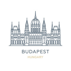 Budapest city, Hungary. Line icon of the famous and largest city in Europe. Outline icon for web, mobile, and infographics. Landmark and famous building. Vector illustration, white isolated.  - obrazy, fototapety, plakaty