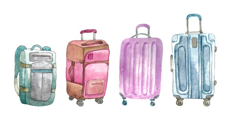 Set of suitcases and backpack for traveling. Watercolor drawing, suitcases isolated on a white background. Stock illustration