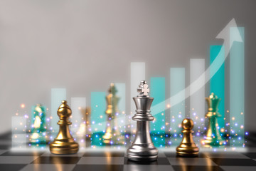 Selective focus of chess and growth business graph behind chess. World map in the background. The...