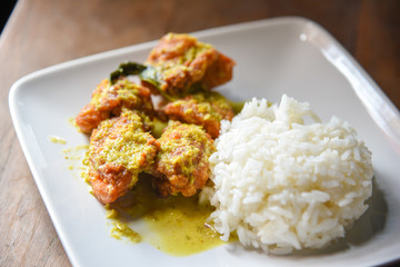 Deep Fried Chicken  and Green Curry with Rice , vegetable  in White plate. Thai food
