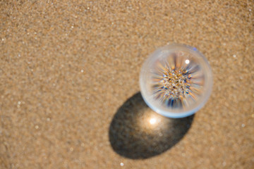海の海岸にある透明な水晶ガラスボール