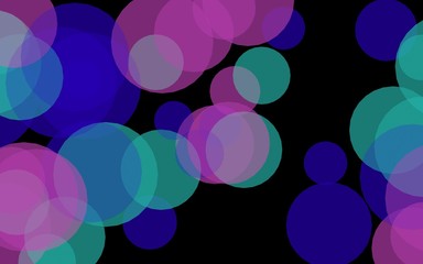 Multicolored translucent circles on a dark background. Pink tones. 3D illustration