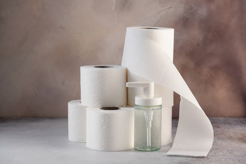Close up of toilet paper and desinficant. Panic buying (Hamsterkäufe) because of coronavirus