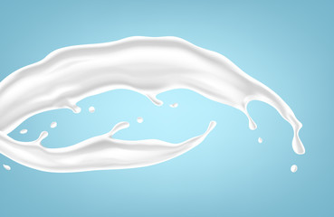 Milk splash. Realistic milky splashes and drops of dairy drink or yoghurt isolated on blue background