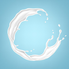 Obraz na płótnie Canvas Realistic milk or yogurt splashes. Milk swirl isolated on blue background. Vector illustration