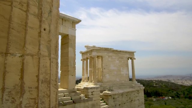 360 degree pan camera turns from Temple of Athena Nike and Propylaea ancient principal entryway to the city of Athens
