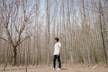 Asian Thai man in white casual stands alone in dry pie forest.