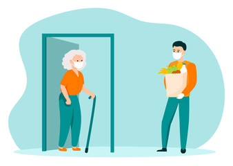 A young man volunteer in a mask and gloves brought food from a supermarket to an elderly woman home. Vector illustration in flat cartoon style