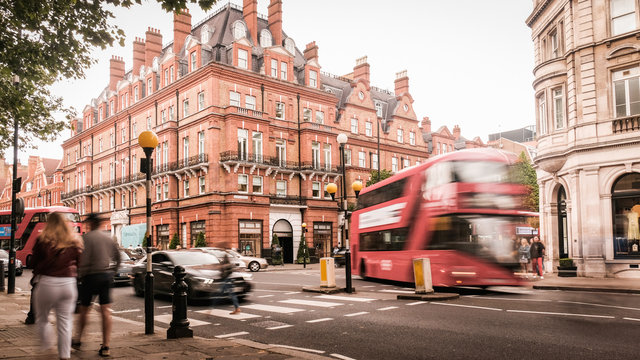Motion blurred London street scene of Sloane Square