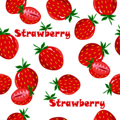 Pattern fresh strawberries. Vector illustration on a white background with text.