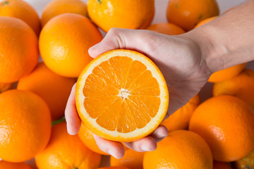 Person showing cut orange half over pile of fruits in background. Cropped shot, closeup, top view. Healthy nutrition or organic food concept