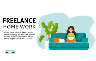 Freelancer girl sitting on a sofa with a laptop. The concept of stay home. Vector cartoon illustration in flat style.