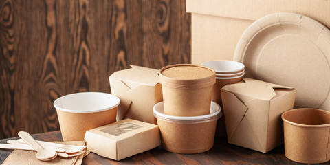 Eco craft paper tableware. Paper cups, dishes, bag, fast food containers, box for delivery food and...
