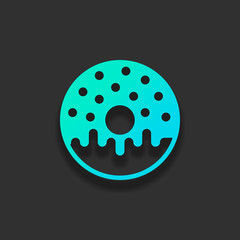 Donut, icon of food, top view. Colorful logo concept with soft shadow on dark background. Icon color of azure ocean