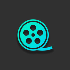 Fototapeta premium Film roll, old movie strip icon, cinema logo. Colorful logo concept with soft shadow on dark background. Icon color of azure ocean