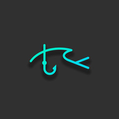 Fishing logo, fish and hook. One line icon, linear symbol. Colorful logo concept with soft shadow on dark background. Icon color of azure ocean