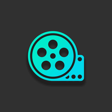 Film roll, old movie strip icon, cinema logo. Colorful logo concept with soft shadow on dark background. Icon color of azure ocean
