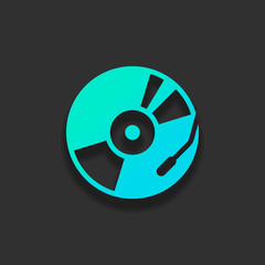 Vintage vinyl, audio disc, dj player. Simple icon, music logo. Colorful logo concept with soft shadow on dark background. Icon color of azure ocean