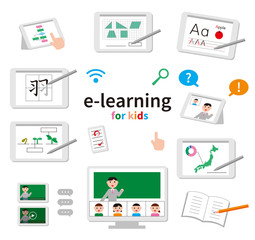 Eラーニングのイメージ。タブレット学習、オンライン学習のイラストセット。国算理社英ほか。