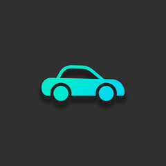 Silhouette of car, small auto icon. Colorful logo concept with soft shadow on dark background. Icon color of azure ocean
