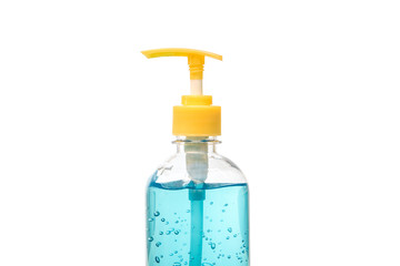 Blue alcohol gel sanitizer in bottle pump on white background, isolated, clipping path included