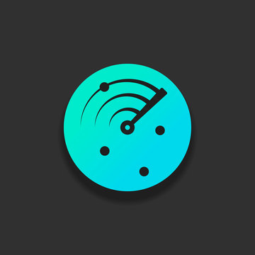 Radar screen, scan circle, icon. Colorful logo concept with soft shadow on dark background. Icon color of azure ocean
