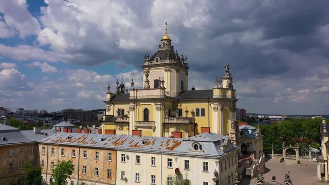 Aerial view on St. George's Cathedral in Lviv, Ukraine from drone
