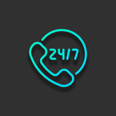 Call or support center, 24 and 7, linear icon, outline design. Colorful logo concept with soft shadow on dark background. Icon color of azure ocean