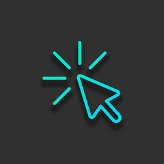 Computer pointer, cursor or mouse arrow, click, outline design. Colorful logo concept with soft shadow on dark background. Icon color of azure ocean