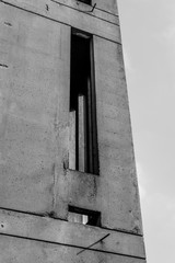 Example of Brutalist Architecture style. Details of brutalist concrete building. Part of the Centre National de la Danse (National Dance Center), public building in Pantin, near Paris, France.