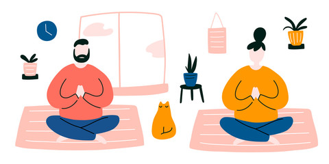 Vector illustration with woman and man doing yoga poses. Characters design sitting with legs crossed on mat with cat and window room interior. Staying home and doing meditation concept