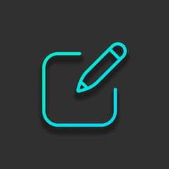 Pencil and paper, edit text, create file, new document, outline design. Colorful logo concept with soft shadow on dark background. Icon color of azure ocean