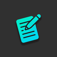 Write text, create or edit document, pencil and paper. Colorful logo concept with soft shadow on dark background. Icon color of azure ocean