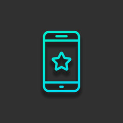 Mobile phone and star, app rating, outline design. Colorful logo concept with soft shadow on dark background. Icon color of azure ocean