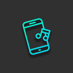 Mobile phone and music note, outline design. Colorful logo concept with soft shadow on dark background. Icon color of azure ocean