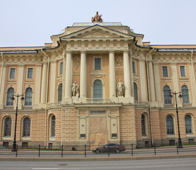 Russian Imperial Academy of Arts in Saint Petersburg. Main building architecture on the Academy Quay, decorative facade with sculptures in Saint Petersburg, Russia 